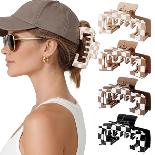 4 Pack Hat Claw Clips for Women, 4.1 Inch Large Hair Clips for Thick Hair | 2-in-1 Cute Hair Claw Clips Strong Hold Jaw Clips for Daily Styling, Baseball Cap & Trucker Hat, Checkered (Patent Pending) - color: Checkered