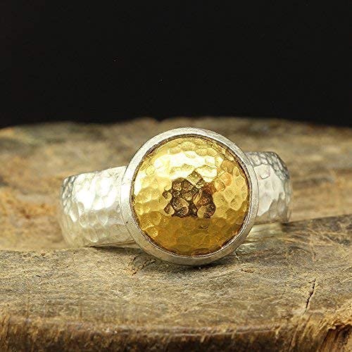 Dome Pebble Ring 925 Sterling Silver 24K Gold Vermeil Two-tone Hammered Handcrafted Designer Hand Forged Half Round Band Ring