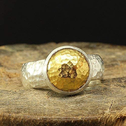 Dome Pebble Ring 925 Sterling Silver 24K Gold Vermeil Two-tone Hammered Handcrafted Designer Hand Forged Half Round Band Ring