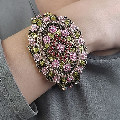 Rosemarie & Jubalee Women's Stunning Vintage Inspired Burnished Gold Statement Victorian Elegance Metal Frame Hinged Cuff Bangle Bracelet, 6.75" - style: Pink Flowers