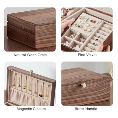 Black Walnut Wooden Jewelry Box for Women with Removable Tray | 2 Layer, Removable Tray, For Watches Rings Earrings Necklace Bracelets, Jewelry Organizer - style: 2 Layer A