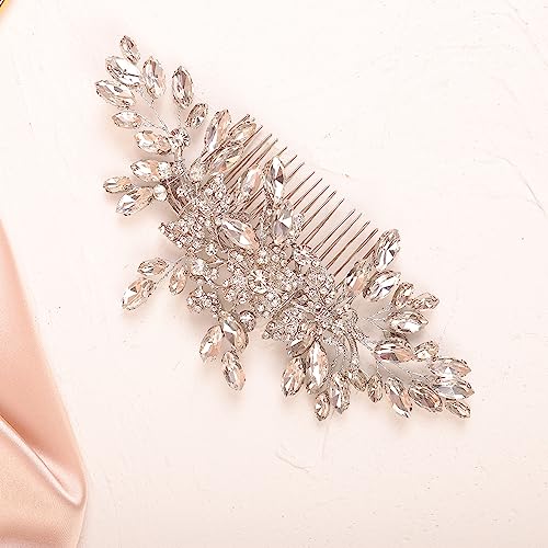 Wedding Silver Flower Leaf Crystal Rhinestone Hair Comb Teardrop Crystal Rhinestone Beads Hair Comb Wedding Hair Accessories for Women Girls