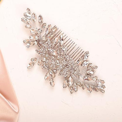 Wedding Silver Flower Leaf Crystal Rhinestone Hair Comb Teardrop Crystal Rhinestone Beads Hair Comb Wedding Hair Accessories for Women Girls