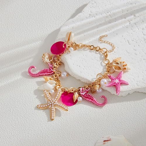 Spiritrain Handmade Starfish Seashell Pearl Bracelets for Women Gold Plated Bohemian Charm Sea Shell Couch Beads Adjustable Chain Anklet Bracelets Hawaiian Beach Holiday Mermaid Costume Jewelry Gifts - color: Rose red