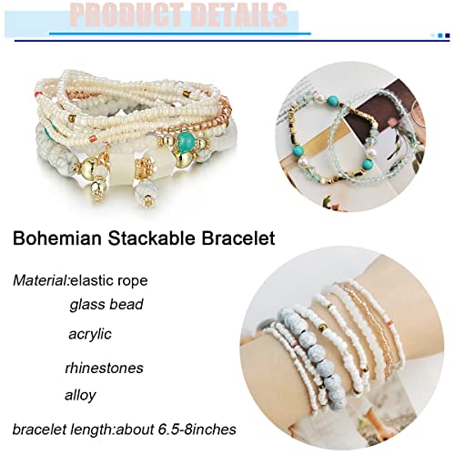 8 Sets Bohemian Stackable Bead Bracelets for Women Bohemian Bracelets Stretch Multi Layered beads Bracelet Set Boho Multicolor Jewelry