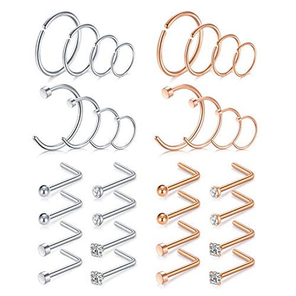 Mayhoop 20g Nose Rings Hoops And Studs For Women Men - Hypoallergenic 316L Surgical Stainless Steel L Shape Nose Screw Bone Silver Rose Gold Black Rainbow Pack 28Pcs - color: L-shaped(Silver+Rose gold)