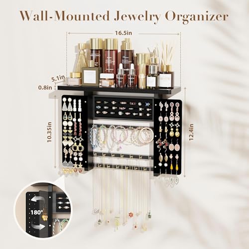 Emfogo Jewelry Organizer Hanging Wall Mounted Jewelry Holder, 5-in-1 Large Capacity Necklace Organizer Wall Display for Ring, Necklaces, Bracelets, Earrings(Black) - color: Black