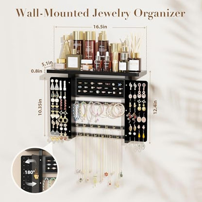Emfogo Jewelry Organizer Hanging Wall Mounted Jewelry Holder, 5-in-1 Large Capacity Necklace Organizer Wall Display for Ring, Necklaces, Bracelets, Earrings(Black) - color: Black