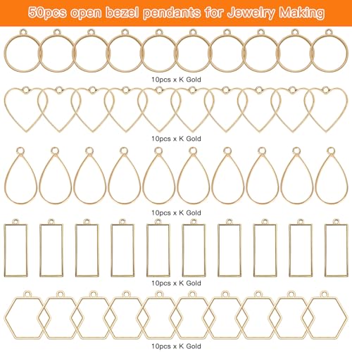 Oubaka 50pcs Open Bezels 5 Styles Hollow Frames Pendants Geometric Hollow Bezel Pendant Open Back Frame Pendant for Resin Casting, Necklace, Earrings, Pressed Flower, DIY Crafts(K Gold) - color: 50pcs;K Gold;5 Styles