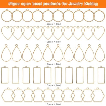 Oubaka 50pcs Open Bezels 5 Styles Hollow Frames Pendants Geometric Hollow Bezel Pendant Open Back Frame Pendant for Resin Casting, Necklace, Earrings, Pressed Flower, DIY Crafts(K Gold) - color: 50pcs;K Gold;5 Styles