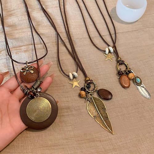 Boho Necklace for Women Long Layered Wooden Leather Leaf Pendant Statement Necklace Vintage Boho Jewelry - style: Feather