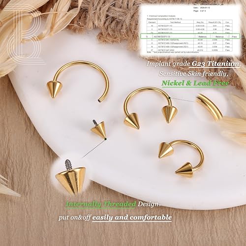 G23 Titanium 14/16/18/20G Septum Rings Horseshoe Nose Ring Jewelry | 2/3Pcs Circular Barbell Spike Lip Body Piercing Jewelry Conch Helix Tragus Earring Silver/Black 8/10/12mm 14K Gold Plated - color: Gold-3pcs, size: Spike-3pcs-18g-8/10/12mm