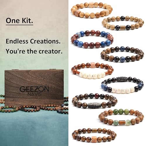 Geezon Navis DIY Bracelet Making Kit Natural Wooden Stone Beads Gift Craft | 10mm 296pcs 16 Colors - Natural & Unique, ALL-IN-ONE , One-of-a-kind, Starter, Gift, Immersive Handcraft, Calming, Meditate