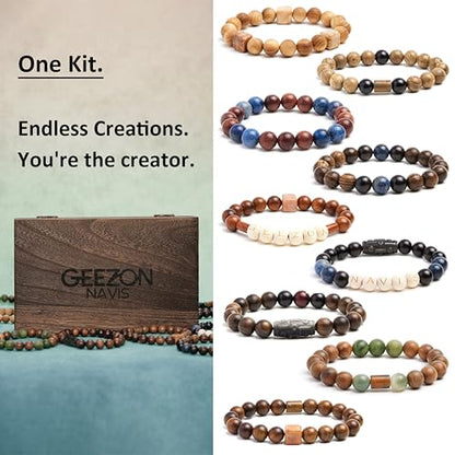 Geezon Navis DIY Bracelet Making Kit Natural Wooden Stone Beads Gift Craft | 10mm 296pcs 16 Colors - Natural & Unique, ALL-IN-ONE , One-of-a-kind, Starter, Gift, Immersive Handcraft, Calming, Meditate