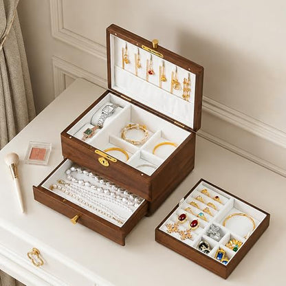 Black Walnut Lockable Jewelry Box with Feet, Wooden Organizer for Women | 3 Layer, Solid Wood, Handcrafted, Drawer, Lock Key, Removable Tray, Necklace Ring Earring Watch Case, Gift for Mom Girls - color: 3 Layer Full Lock with Feet