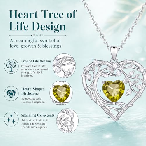 Gamtic Tree of Life Birthstone Pendant Necklace - Heart Cubic Zirconia Diamond Necklace Birth Month Necklaces Birthday Gift for Her Wife Mom Daughter Grandma Girlfriend Anniversary Jewelry Gift - style: August