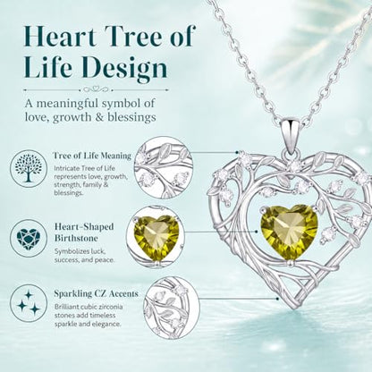 Gamtic Tree of Life Birthstone Pendant Necklace - Heart Cubic Zirconia Diamond Necklace Birth Month Necklaces Birthday Gift for Her Wife Mom Daughter Grandma Girlfriend Anniversary Jewelry Gift - style: August