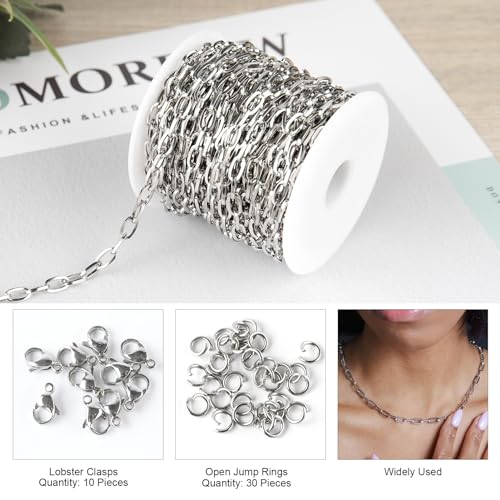 Kyutong 32.8 Feet Flat Oval Paperclip Jewelry Chain Link for Crafting | Stainless Steel Necklace Making Chain 8mm Oval Cable Chain Spool for Necklace Bracelet Crafts - color: Oval Paperclip Silver