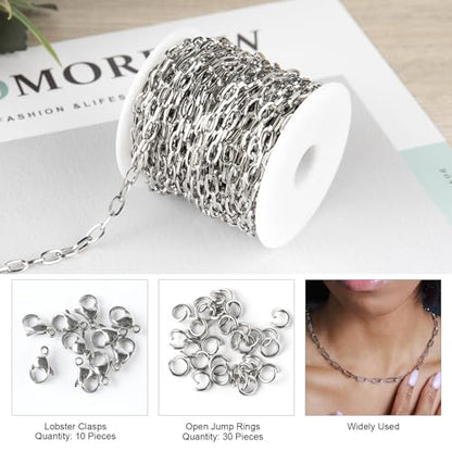 Kyutong 32.8 Feet Flat Oval Paperclip Jewelry Chain Link for Crafting | Stainless Steel Necklace Making Chain 8mm Oval Cable Chain Spool for Necklace Bracelet Crafts - color: Oval Paperclip Silver