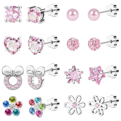 Staligue 8 & 21 Pairs Hypoallergenic Screw Back Earrings for Women – 20G Surgical Steel Flat Back Studs with Heart, CZ, Pearl, Star & Ball Designs | Tiny Cartilage Jewelry Options - color: Pink