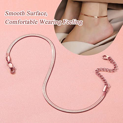 FindChic Elegant Herringbone Snake Chain Anklets/Bracelets 3MM/5MM Width Stainless Steel/18K Gold/Rose Gold Plated/Black 4 Color Options, 8.3'' 8.5'' 10.5'' Length, with Gift Box - color: A: 3mm 8.5'' anklet (Rose Gold Plated)