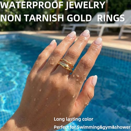 Gold Rings for Women Men Non Tarnish, Waterproof Chunky 14K Gold Plated Dainty Stackable Rings Trendy Statement Pinky Thumb Rings Engagement Eternity Wedding Band Ring Stacking Gold Jewelry Size 3 4 5 6 7 8 9 10 11 - color: Gold, size: 7