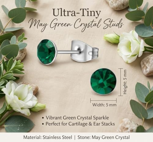 Stainless Steel Stud Earrings 5mm Crystal Birthstone Ultra-Tiny Cartilage Tragus Helix Second Ear Stackable Jewelry - color: May - Green