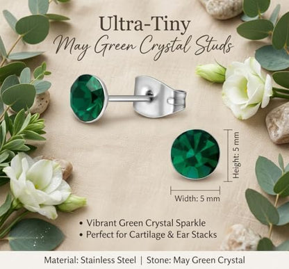 Stainless Steel Stud Earrings 5mm Crystal Birthstone Ultra-Tiny Cartilage Tragus Helix Second Ear Stackable Jewelry - color: May - Green