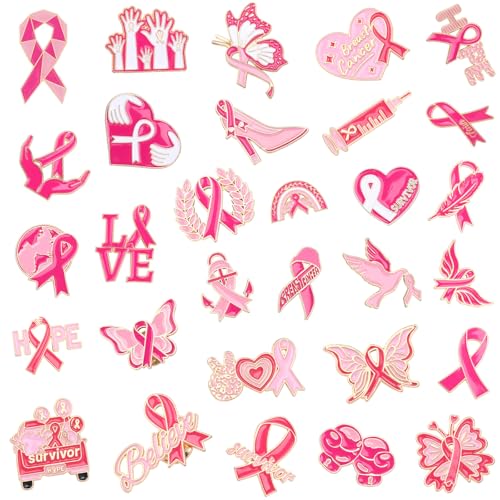 SANNIX 60Pcs Breast Cancer Pins, Pink Ribbon Enamel Lapel Pins Brooch Badge Bulk for Breast Cancer Awareness Accessories Survivor Month Charity Event Party Favors, 30 Styles - style: Breast Cancer Awareness Pins