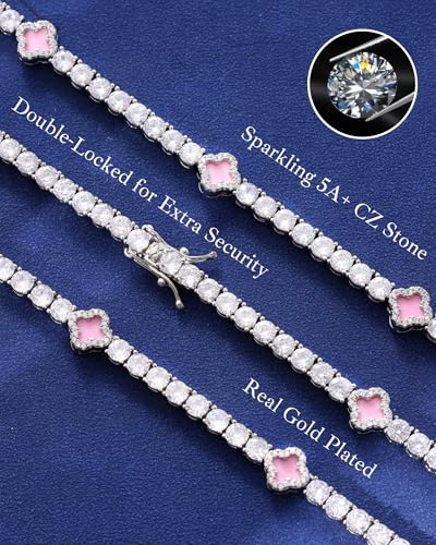 LuxeFlex 4mm Iced Out Four Leaf Tennis Chain,White Gold Plated with 5A Zircon Stones, exquisite Handmade Hip Hop Bling Necklace Perfect Unisex Jewelry Gift - color: White Gold-Pink, size: 16 INCH