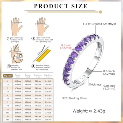 Bezel Set Birthstone Wedding Band 14K Gold Sterling Silver Stackable Half Eternity Band Rings 2.5mm Wide Ruby/Amethyst/Sapphire/Emerald Green/Aquamarine Ring for Women, Send Gift Box - style: 02-Created Amethyst