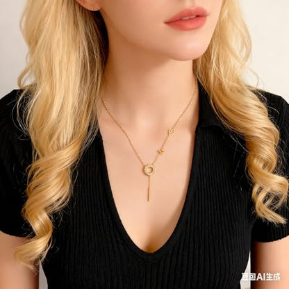 Gold Plated Lariat Necklace for Women Circle Bar Love Letter Long Pendant Y Necklace CZ Trendy Dainty Chain Drop Necklaces Adjustable Length