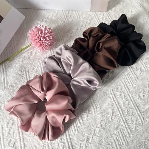 Big Satin Scrunchies for Women, 5.2 Inches Large Scrunchie, Silk Elastic Ponytail Holders for Girls, Jumbo Hair Ties for Thick/Curly Hair, Soft Scrunchy No Crease No Pilling, 4 Pack - color: Black+Coffee