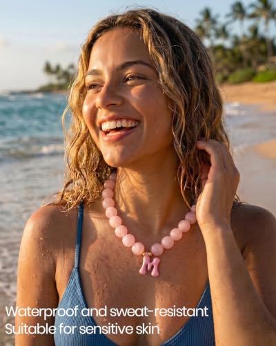 DoDoBeads Chunky Colorful Beaded Initial Necklace, Bubble Letter Choker | Gift box and dust pouch included; waterproof and sweat-resistant with real gold plated stainless steel hardware - color: Pink-D