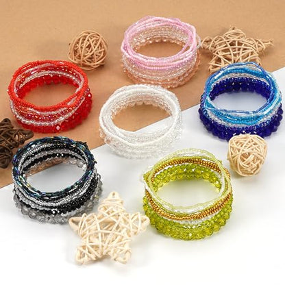 Bohemian Colorful Crystal Glass Beads Seed Beaded Bracelet Handmade Adjustable Stackable Elastic Strand Bangle for Women Summer Beach Hawaii Boho Wristbands Jewelry - color: clear