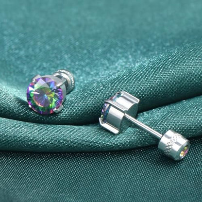 Titanium Flat Back Surgical Stainless Steel Stud Earrings for Women Men,Birthstone Stud Earrings Hypoallergenic Double Side 5A Cubic Zirconia Studs Jewelry 6mm - color: Silvery-Rainbow Cz