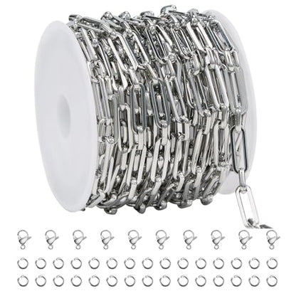 SMYHTGLIF 13 Feet Silver Stainless Steel Paperclip Chain for Jewelry Making | Bulk Chain Spool Craft Jewelry Roll Handmade Chain with Lobster Clasps Jump Rings - color: Paperclip Silver