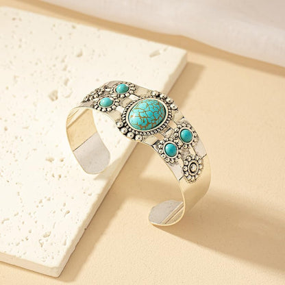 Bohemian Natural Stone Turquoise Engraved Cuff Bracelet Adjustable Wrap Bangle Western National Style for Women Gemstone Boho Jewelry - color: F