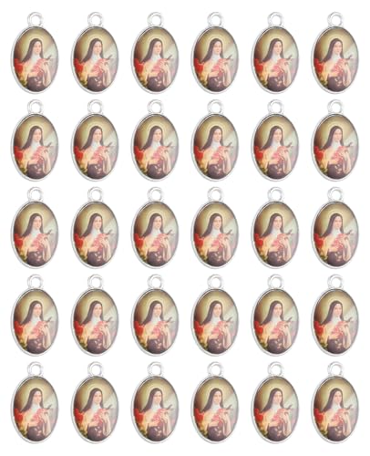 Saint Therese of Lisieux/Saint Mother Teresa of Calcutta/Divine Mercy Jesus/Mater Dolorosa Patron Saint Medal Charm Pendant for DIY Rosary Necklace Bracelet Jewelry Making Part - color: 30pcs-Enamel St. Therese