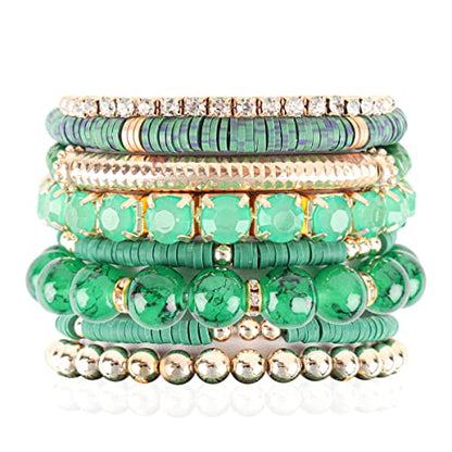 RIAH FASHION Multi Color Stretch Beaded Stackable Bracelets - Layering Bead Strand Statement Wrap Bangles - color: Boho Mix - Green, size: 7.0 Inches Length