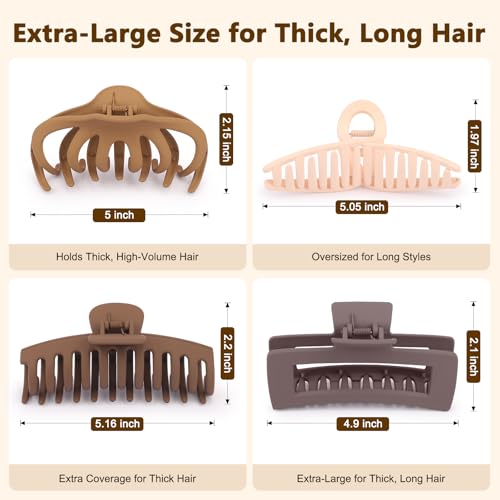 Matte 5 Inch Large Hair Clips for Thick Hair, 4 Pack | Extra large hair claw clips in blush pink, sand beige, brown and gray, designed for secure hold and everyday styling - color: Matte: Blush Pink, Sand Beige, Brown & Grey