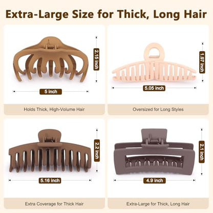 Matte 5 Inch Large Hair Clips for Thick Hair, 4 Pack | Extra large hair claw clips in blush pink, sand beige, brown and gray, designed for secure hold and everyday styling - color: Matte: Blush Pink, Sand Beige, Brown & Grey