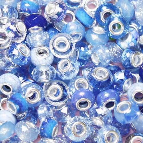 100 Pieces Large Hole Beads Spacer Bead Blue Assorted European Craft Big Beads Large Hole Lampwork Murano Fairy Wand Garden Bead for DIY Pens Charms Bracelet Necklace Keychain Jewelry Making Supplies - color: Blue, size: 100 Pcs