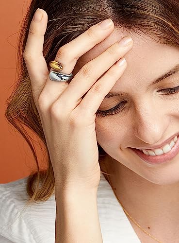 WOWORAMA Chunky Open Rings for Women Gold Silver Adjustable Dome Teardrop Rings Bold Thick Statement Rings Simple Stackable Band Rings - color: Two-Tone Teardrop Ring