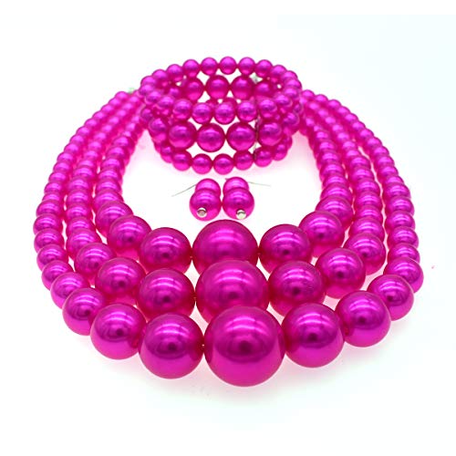 JNF Faux Pearl Statement Necklaces Big Beaded Necklace for Women Chunky Pearls Necklace and Earring Set Large beads Costume Necklace - color: Fuchsia pearl necklace