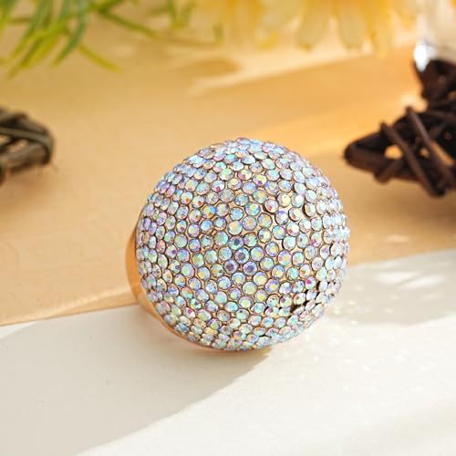 Gold Snowball Rhinestone Cocktail Ring – Adjustable Stretch Sparkling Party Jewelry for Women, Elegant Costume Ring for Evening Wear, Wedding, Prom - color: White AB