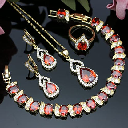 LMXXVJ Women Jewelry Set Platinum Plated Necklace Open Ring Earrings Bracelet Set,Birthday/Anniversary Mother’s Day Jewelry Gifts for Mom/Wife/Sister/Best Friend - color: Yellow Gold-Garnet