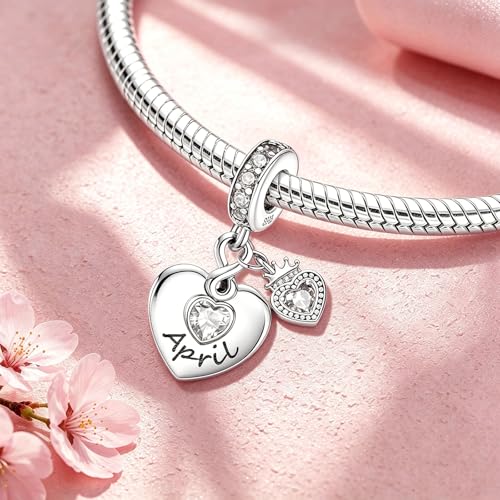 BLUELUNE Birthstone Charms, 925 Sterling Silver Dangle Charm with 5A Cubic Zirconia for Bracelets or Necklaces, Birthday, Mother's Day Present for Women - color: April