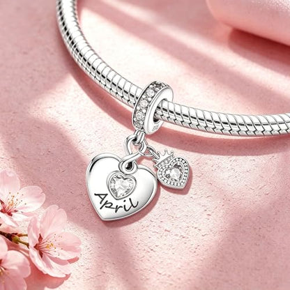 BLUELUNE Birthstone Charms, 925 Sterling Silver Dangle Charm with 5A Cubic Zirconia for Bracelets or Necklaces, Birthday, Mother's Day Present for Women - color: April