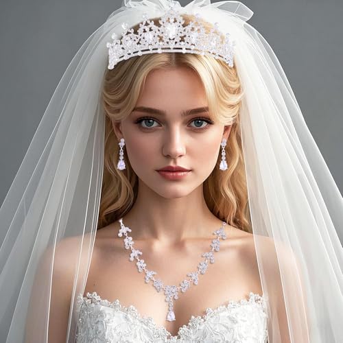 Crystal Crown and Tiara Jewelry Set for Women Bride with Necklace Earrings | Metal Rhinestone Royal Queen Princess Jewelry Set Wedding Quinceanera Pageant Prom Birthday Halloween Party Costume Gift - color: Silver